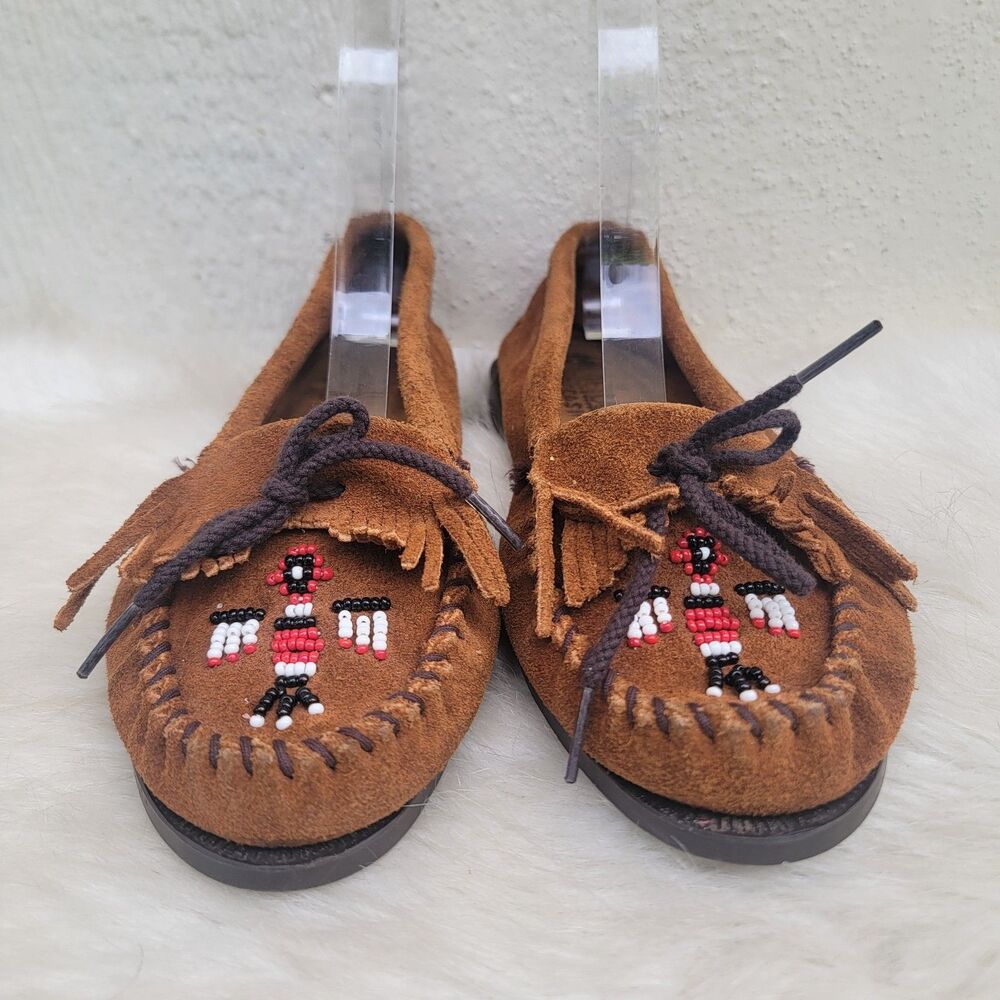 Minnetonka Thunderbird Animikii Beaded Brown Suede Moccasin Wmns 8.5 Hard Sole